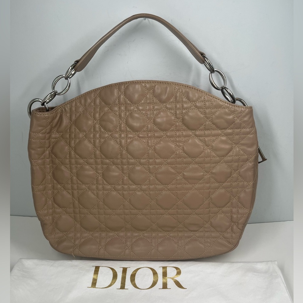 Authentic Christian Dior Nude Cannage Quilted Leather Hobo Handbag